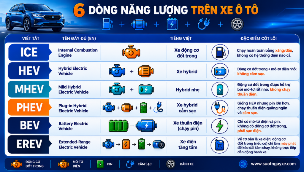6 dòng năng lượng trên xe ô tô
